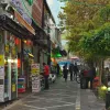 خیابان شلوغ با فروشگاه‌ها و تبلیغات رنگارنگ، مردمی در حال عبور و درختان سبز در کناره‌ها.