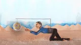 L'image montre une peinture murale d'un homme à genoux, semblant tendre la main vers un globe terrestre suspendu. L'arrière-plan est composé de paysages désertiques avec des montagnes et un ciel bleu. L'homme porte une tenue sombre et se concentre sur le globe, qui présente un symbole ou un logo. L'ensemble de l'œuvre peut évoquer des thèmes de lutte, de quête ou d'aspiration.