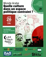 Affiche évoquant un débat sur la culture arabe en contexte politique, avec motifs graphiques colorés.
