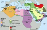 Carte historique des territoires du Moyen-Orient et d'Afrique du Nord, annotée avec des zones d'influence.