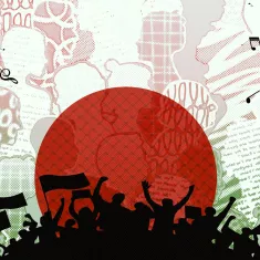 A colorful collage featuring a large red circle, silhouettes of people, and musical notes.