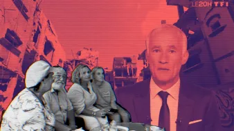 Un présentateur parle, superposé à des personnes et un paysage urbain dégradé.