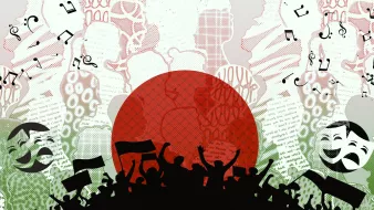 A colorful collage featuring a large red circle, silhouettes of people, and musical notes.