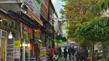 A busy street lined with shops, people walking, and colorful lights among trees.