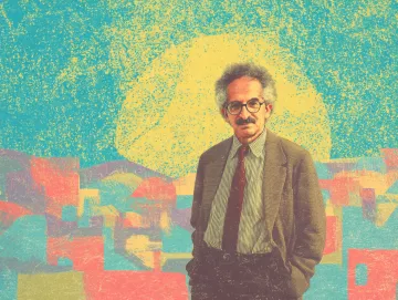 Homme avec des lunettes, veste et cravate, devant un arrière-plan coloré et abstrait.