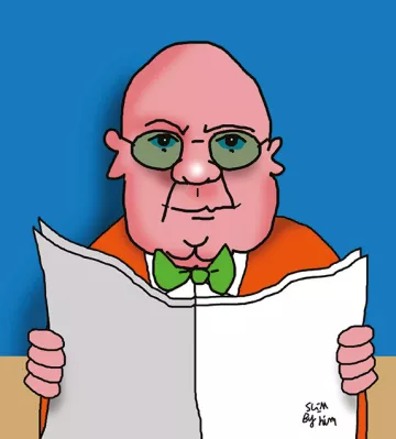 L'image représente un personnage caricatural, un homme en surpoids avec une tête ronde et chauve. Il porte des lunettes et un nœud papillon vert qui contraste avec sa veste orange. Il est assis à une table et tient un grand journal devant lui. L'arrière-plan est de couleur bleue, ce qui fait ressortir les couleurs vives de son costume. Le style de dessin est humoristique et simplifié.