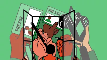 L'image montre une femme en silhouette, face à une fenêtre ouverte. À travers cette fenêtre, on voit plusieurs mains qui tiennent des objets liés à la presse, comme des cartes de presse et un appareil photo. Le fond est vert, ce qui crée un contraste avec les mains et la silhouette de la femme. L'ensemble évoque le monde du journalisme et de la communication.
