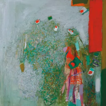 L'image est une peinture abstraite aux teintes variées de vert, de rouge et d'autres couleurs vives. On remarque des formes indistinctes suggérant des silhouettes humaines, ainsi que des éléments géométriques. L'ensemble crée une atmosphère dynamique et expressive.