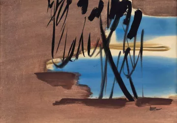 L'image présente une composition abstraite avec des coups de pinceau en noir et des couleurs terreuses, créant une atmosphère calme et contemplative. À l'arrière-plan, des nuances de bleu évoquent un ciel ou une étendue d'eau, tandis que des formes sombres et tourbillonnantes suggèrent des arbres ou une végétation. L'ensemble donne une sensation d'harmonie et d'équilibre entre les éléments naturels et l'abstraction artistique.