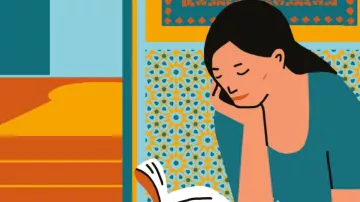 L'image est une affiche pour un événement intitulé "Maghreb-Orient des livres". Elle se déroule à l'Hôtel de Ville de Paris du 8 au 10 février 2019 avec une entrée libre. On voit une illustration d'une femme assise qui lit, entourée de motifs architecturaux typiques du Maghreb. Le design est coloré et attire l'attention sur la thématique littéraire de l'événement.