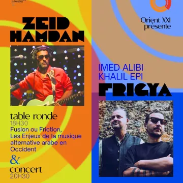 L'image est une affiche d'événement. À gauche, un homme avec une guitare, nommé Zeid Hamdan, et à droite, le nom "Frigya" avec deux autres artistes mentionnés. Les détails incluent une table ronde à 18h30 et un concert à 20h30, le tout le 19 avril 2025 à FGO Barbara, Paris.