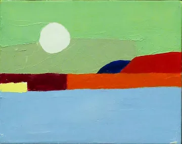 L'immagine mostra un paesaggio astratto caratterizzato da colori vibranti e forme semplici. In alto, un grande cerchio bianco rappresenta il sole, mentre lo sfondo è dipinto in tonalità di verde chiaro. La parte inferiore dell'immagine presenta un mare blu, sovrastato da una linea di terra in vari colori, tra cui rosso, arancione e blu. La composizione è minimalista e crea un senso di tranquillità e armonia.