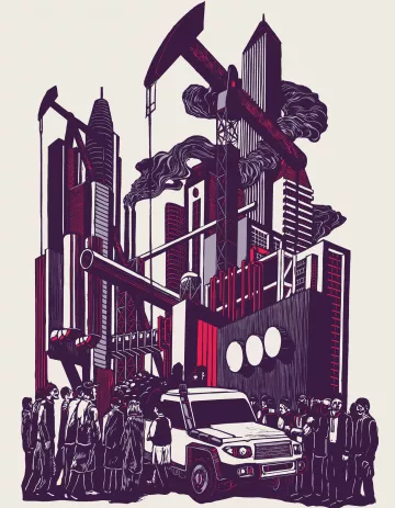 L'image présente une scène urbaine avec une architecture moderne, où des buildings imposants se mélangent à des installations industrielles. On peut voir des foreuses à pétrole et des cheminées dégageant de la fumée, suggérant une forte activité industrielle. Au premier plan, un groupe de personnes semble observer la scène, entouré de véhicules tout-terrain. Les couleurs dominantes sont des teintes sombres et rougeâtres, renforçant une atmosphère à la fois dynamique et un peu pesante. L'ensemble illustre une interaction entre la ville, l'industrialisation et les personnes qui évoluent dans cet environnement.