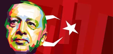 L'image présente un portrait stylisé d'un homme, avec un style artistique rappelant le pop art, dans des couleurs vives et contrastées. En arrière-plan, on peut voir le drapeau de la Turquie, qui est rouge avec une étoile et un croissant de lune blancs. L'ensemble de la composition donne une impression dynamique et moderne, mettant en avant des traits expressifs du visage.