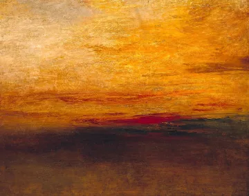 L'image représente un paysage abstrait dominé par des teintes chaudes de jaune, d'orange et de rouge, évoquant un coucher de soleil. Les couleurs semblent se fondre les unes dans les autres, créant une atmosphère douce et apaisante. Le bas de l'image présente des nuances plus sombres, suggérant une mer ou un horizon. L'ensemble donne une impression de calme et de sérénité, tout en mettant en valeur la beauté naturelle du ciel.