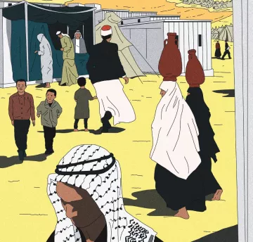 L'image semble représenter une scène de la vie quotidienne dans un camp. On y voit des personnes marchant, certaines portant des jarres sur la tête. Des hommes et des femmes, vêtus de vêtements traditionnels, interagissent dans un environnement désertique, avec des tentes en arrière-plan. Les couleurs utilisées sont chaudes, évoquant un paysage ensoleillé, et il y a une atmosphère de communauté et de mouvement.