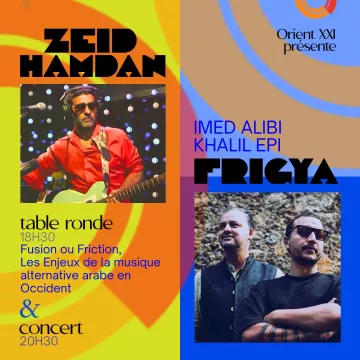 Affiche d'un événement avec artistes et détails d'une table ronde et d'un concert.