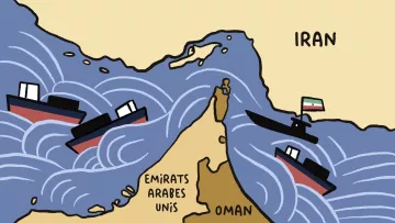 Carte simple montrant des bateaux dans des vagues près de l'Iran, Émirats Arabes Unis et Oman.