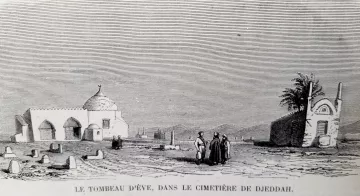 این تصویر نمایی از یک قبرستان را نشان می‌دهد که شامل ساختمانی با گنبد است. در سمت چپ تصویر، یک مقبره با معماری خاص و سنگ‌های مشخص وجود دارد. در وسط تصویر، چند نفر در حال گفتگو یا تماشای اطراف هستند. در پس‌زمینه، تعدادی درخت و سازه‌های دیگری قابل مشاهده هستند. این تصویر به وضوح ابعاد فرهنگی و تاریخی را به تصویر می‌کشد.