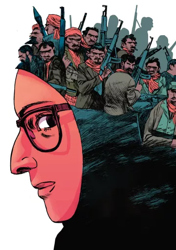 L'image représente un profil d'une personne portant des lunettes et un hijab. À l'arrière-plan, on voit des silhouettes d'hommes armés, semblant prêts à se battre, ce qui crée un contraste puissant avec le visage en avant-plan. Les couleurs utilisées sont vives, avec une prédominance de teintes rouges et sombres, ajoutant une atmosphère dramatique à l'ensemble. L'œuvre évoque des thèmes de conflit et de dualité entre la paix et la violence.