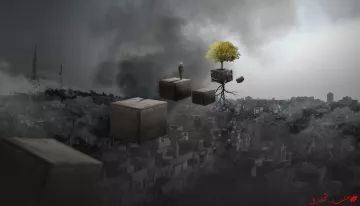 L'image présente un paysage urbain inquiétant, dominé par des tons sombres. Au premier plan, plusieurs blocs cubiques flottent dans les airs, menant vers une silhouette humaine debout, qui semble contempler l'horizon. Au-dessus des blocs, un arbre avec des racines apparentes émerge, ajoutant une touche de vie à cet environnement morose. En arrière-plan, on aperçoit une ville dont les bâtiments se fondent dans la brume, renforçant le sentiment d'isolement et de mystère. L'ensemble de la composition évoque une réflexion sur la solitude et la quête d'espoir.
