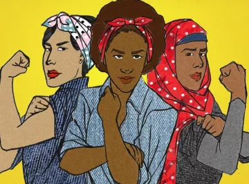 La imagen muestra a tres mujeres de diferentes orígenes, todas con actitudes fuertes y decididas. Están de pie en una formación de triángulo, con los brazos flexionados en señal de fuerza. Cada una lleva un estilo único de pañuelo en la cabeza, lo que refleja diversidad. El fondo es de un color amarillo brillante, que añade energía y vibrante optimismo a la composición. Esta representación simboliza empoderamiento y solidaridad femenina.