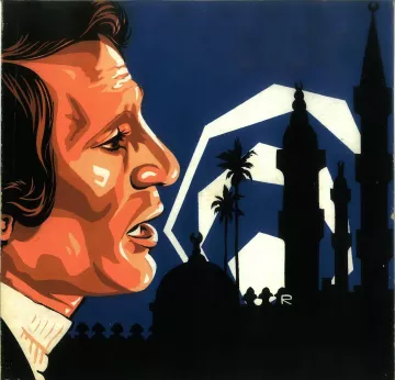 L'immagine presenta un ritratto stilizzato di un uomo, caratterizzato da tratti ben definiti e un'espressione intensa. Sullo sfondo si trovano delle silhouette di edifici e minareti, con palme che aggiungono un tocco esotico. L'uso di colori forti, principalmente arancioni e blu, crea un contrasto notevole, conferendo all'immagine un'atmosfera vibrante e quasi nostalgica. Il design sembra avere uno stile grafico, simile a un poster.