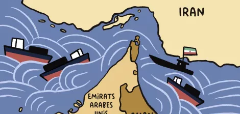 A cartoon map showing boats in rough waters near Iran, with labels for the UAE and Oman.