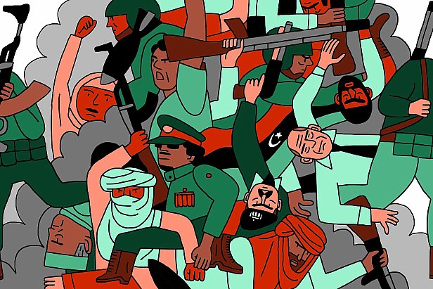L'image représente une scène dynamique et chaotique de conflit, avec de nombreuses figures humaines en mouvement. On y voit des soldats portant des uniformes variés, certains armés de fusils. Les expressions des personnages sont intenses, reflétant la tension de la situation. Les couleurs sont vives, avec une dominance de rouge, vert et beige, ajoutant à l'énergie de la composition. En arrière-plan, des formes évoquant des nuages de fumée viennent renforcer l'atmosphère de conflit. L'ensemble donne un sentiment de lutte et de désordre.